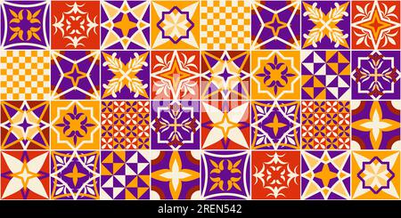 Spanische, italienische oder mexikanische Fliesen. Talavera-Stil. Farbenfroher Hintergrund für Bodenfliesen. Nahtlose Vektortextur. Stock Vektor