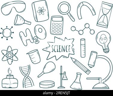 Handgezeichnetes Wissenschaftsset. Subjekte und Attribute des Physik-, Chemie- und Biologie-Doodle-Sketch-Stils. Sammlung wissenschaftlicher Elemente, Clip-Art-Vektor Stock Vektor