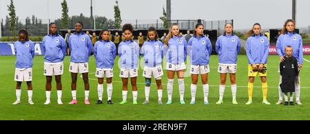 Tubize, Belgien. 27. Juli 2023. Französische Mannschaft im zweiten Halbfinale des UEFA-Finales der Frauen unter 19 Jahren im zweiten Halbfinale am Freitag, den 27. Juli 2023 in Tubize, Belgien, bei einem Fußballspiel zwischen Frauen unter 19 französischen und deutschen Nationalmannschaften. Kredit: Sportpix/Alamy Live News Stockfoto