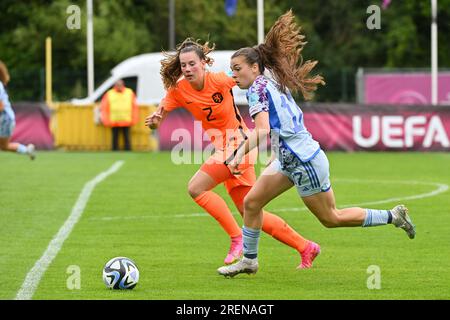 Tubize, Belgien. 27. Juli 2023. Abbildung bei einem Fußballspiel der Frauen unter 19 Nationalmannschaften der Niederlande und Spaniens beim UEFA-Finale für Frauen unter 19 Jahren im ersten Halbfinale am Freitag, den 27. Juli 2023 in Tubize, Belgien . Kredit: Sportpix/Alamy Live News Stockfoto