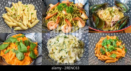 Collage oder Set mit sechs Nudelsorten Stockfoto
