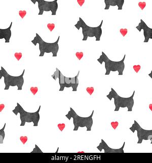 Nahtloses Muster mit wasserfarbenen schwarzen Hunden und roten Herzen. Stock Vektor