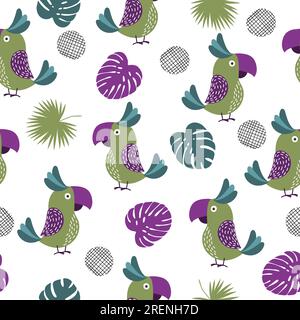 Nahtloses tropisches Muster mit Cartoon-Papageien und Palmenblättern. Stock Vektor