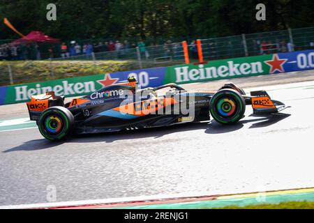 Circuit de Spa-Francorchamps, Stavelot, Belgien, 28. Juli 2023, Lando Norris (GBR) McLaren MCL60&#XA;&#XA;während der Qualifying Session am Freitag, den 28. Juli FO Stockfoto