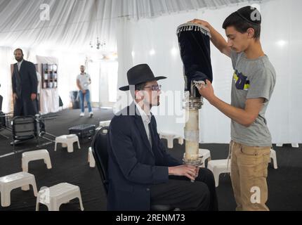 Bei Tisha B'Av wird in einer ruhigen Synagoge eine Torah bedeckt, bevor sie nach einer Lesung zur Heiligen Arche zurückgebracht wird. In Rockland County, NY. Stockfoto