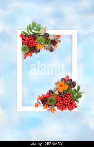 Happy Thanksgiving Herbst Naturfrüchte, Blumen und Nüsse Hintergrund mit weißem Rahmen auf blauer Wolke. Weihnachtliche Ernte - blumig im Überfluss Stockfoto