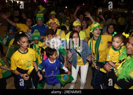 Brasilianische Fans vor dem FIFA Women's World Cup 2023, Frankreich Women vs Brazil Women Group F, im Suncorp Stadium, Brisbane, Australien. 29. Juli 2023. (Foto von Patrick Hoelscher/News Images) in Brisbane, Australien, am 7/29/2023. (Foto: Patrick Hoelscher/News Images/Sipa USA) Guthaben: SIPA USA/Alamy Live News Stockfoto