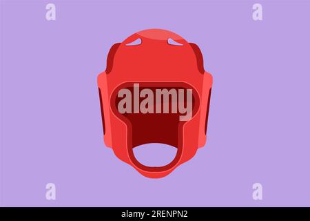 Flache Grafikzeichnung des Boxhelms, Vorderansicht, Logo, Etikett, Vorlage, Symbol. Rote Schutzkappe. Boxer Trainingsausrüstung. Uniform, Mann Stockfoto