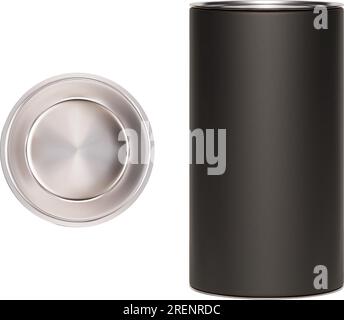 Realistische schwarze Kunströhre aus Pappe mit silberner Kappe, isoliert auf weiß. Draufsicht des Deckels. Geschenkverpackung und Souvenirverpackung für Produkte - Tee, Kaffee, pro Stock Vektor