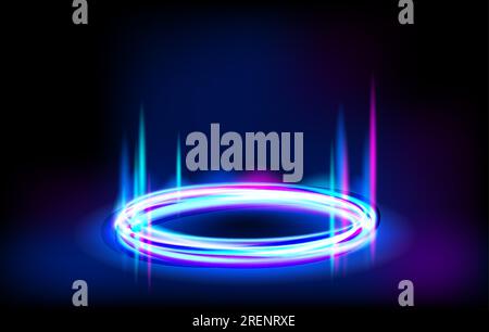 Leuchtender Neonkreis. Blauer Leuchtring auf dem Boden. Abstrakter High-Tech-Hintergrund für Ausstellungsprodukte. Vektorvorlage. Portalrahmen, futuristisches Konzept Stock Vektor