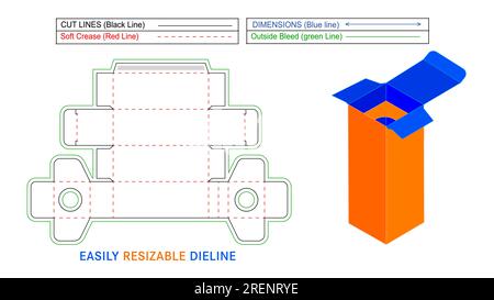 Gerade, einziehbare Endbox mit Produkthalter, Schneidlinienschablone und 3D-Box, einfach zu bearbeiten und in der Größe anpassbar Stock Vektor
