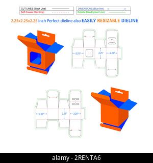 Quadratische Kartusche mit Schnappverschluss für mobiles Ladegerät, Kartusche zum Aufhängen 2.25x2.25x2.25 Zoll, die-Line-Verpackung und 3D Karton Stock Vektor