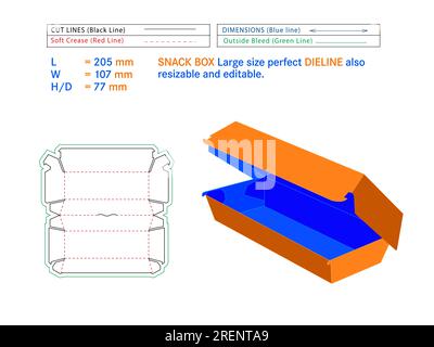 Snackbox groß Perfect Matrize 205 x 107 x 77 mm Größe oder Burger Box gestanzte Schablone Selbstmontage umweltfreundlich, kein Klebstoff erforderlich Box, Stock Vektor