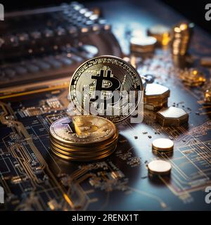 Bitcoins, Kryptowährung, Blockchain und Finanzen, die Zukunft der Blockchain-Technologie und Fintech auf den Finanzmärkten Stockfoto