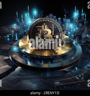 Bitcoins, Kryptowährung, Blockchain und Finanzen, die Zukunft der Blockchain-Technologie und Fintech auf den Finanzmärkten Stockfoto