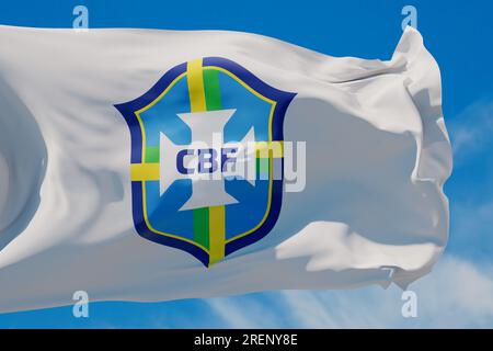 LONDON, Vereinigtes Königreich - Juli 2023: Logo der brasilianischen Nationalmannschaft auf einer fliegenden Flagge. 3D-Rendering Stockfoto