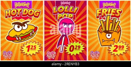 Monstermenü mit Lollipop, Hot Dog und pommes frites für Fast Food Cafe zu Halloween. Vektordarstellung. Stock Vektor