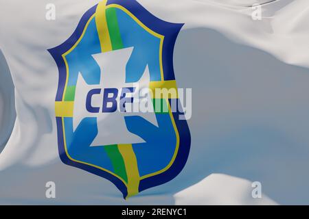 LONDON, Vereinigtes Königreich - Juli 2023: Logo der brasilianischen Nationalmannschaft auf einer fliegenden Flagge. 3D-Rendering Stockfoto