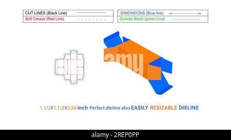 Benutzerdefinierte Matrizenvorlage mit geradem Tuck-Ende 1,50 x 1,50 x 3,50 Zoll und 3D-Vektordatei Stock Vektor