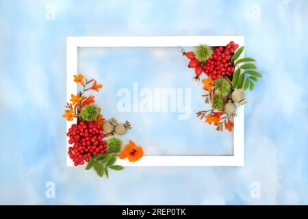 Thanksgiving und Herbst Obst und Blumen Hintergrund mit weißem Rahmen auf blauem Himmel und Wolken. Festliches Ernte- und Blumenkonzept. Stockfoto