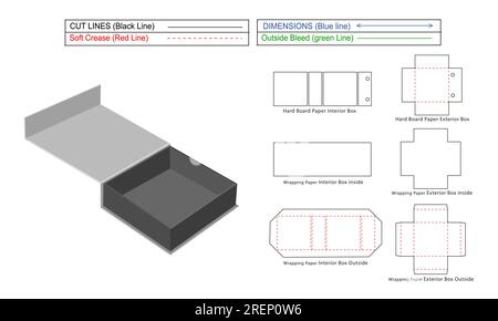 Magnetische, starre Luxusbox, kundenspezifische starre Boxen, Matrizenschablone und 3D-Box Stock Vektor