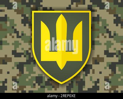 Trident auf dem Schild der ukrainischen Armee. Symbol der ukrainischen Armee auf pixelförmigem militärischem Hintergrund. Warrior-Vektor-Schild Stock Vektor