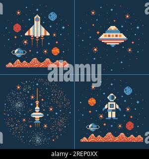 8-Bit Pixel Art Arcade Space Games Scenes Stock Vektor
