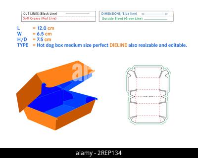 Hot Dog Box mittelgroß Perfect die-Line Box 12 x 6,5 x 7,5 cm die-Cut Vorlage Selbstmontage umweltfreundlich, kein Klebstoff erforderlich Box, Fast Food Burger Box Stock Vektor