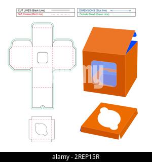 Quadratische Kuchenbox aus Karton quadratisches Display Kuchenbox Dieline Vorlage und 3D Kiste, skalierbar und bearbeitbar Vektordatei Stock Vektor