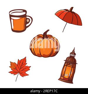 Herbst in orangefarbenen Farben. Laterne, Kürbis, Schirm, Tasse, Blatt. Herbstkollektion. Elemente für Design und Dekoration. Drucken von Symbolaufklebern. Isolierter Vektor. Stock Vektor