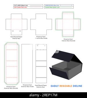 Starre Box mit 5-flächiger magnetischer Schließeinheit, maßgeschneiderte, starre Boxen mit Matrizenschablone und 3D-mm-Box Stock Vektor