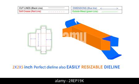 Kundenspezifische Vorlage für die gerade versenkte Endverpackung der Matrize, 2 x 2 x 5 Zoll, und 3D-Vektordatei Stock Vektor