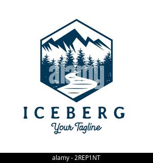 Ice Snow Mountain Hill Creek River und Pine Trees Vintage Retro Style for Adventure Logo Design Vector Stock Vektor