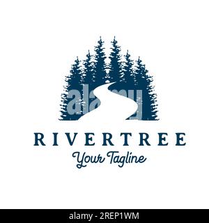 Hemlock Fir Forest Pine Tree mit River River Logo. Retro-Vintage-Design. Stock Vektor