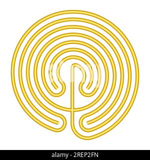 Kreisförmiges kretisches Labyrinth, goldfarben und im klassischen Design eines einzigen Weges in 7 Kursen, wie auf Münzen aus Knossos dargestellt. Stockfoto