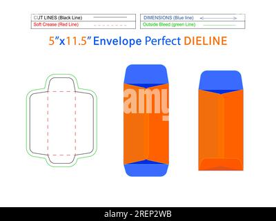 Bearbeitbare, leicht anpassbare Verpackung Katalogumschlag oder offenes Kuvert, Matrizenschablone 5x11,5 Zoll und 3D Umschlag Stock Vektor