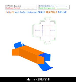 Kundenspezifische Faltschachtel mit geradem Ende, 2 x 2 x 4,50 Zoll, Matrizenschablone und 3D-Vektorfeile Stock Vektor