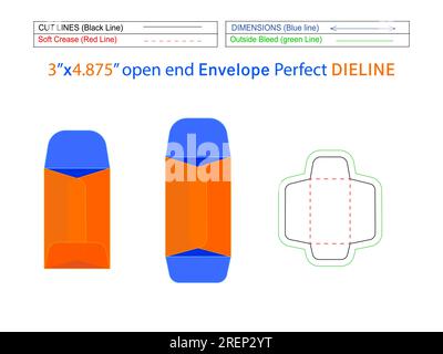 3x4,875-Zoll-Verpackung Katalogumschlag oder offenes Kuvert die-Line-Vorlage und 3D-Umschlag können leicht angepasst werden Stock Vektor