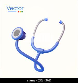 3D blaues medizinisches Stethoskop, minimalistisch, isoliert auf weißem Hintergrund. Symbol für Arztausrüstung. Wellness- und Online-Gesundheitskonzept. 3D Krankenhausvektordarstellung. Vektordarstellung Stock Vektor