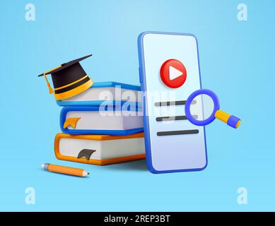 3D Smartphone mit Video-Wiedergabesymbol, Bücherstapel, Graduierungskappe, Lupe, Bleistift, Isoliert im Hintergrund. Konzept für Online-Studium, Videokurs, Lernen. 3D-Vektordarstellung. Vektordarstellung Stock Vektor