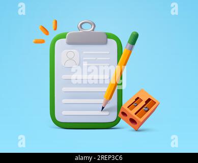 3D-Klemmbrett, Dokument, Akte mit persönlichem Profil, Bleistift, Spitzer, isoliert auf weißem Hintergrund. Symbol für Fragebogen, Umfrage, Untersuchung, Kandidat, Mitarbeiter oder Patient. 3D-Vektordarstellung. Vektordarstellung Stock Vektor