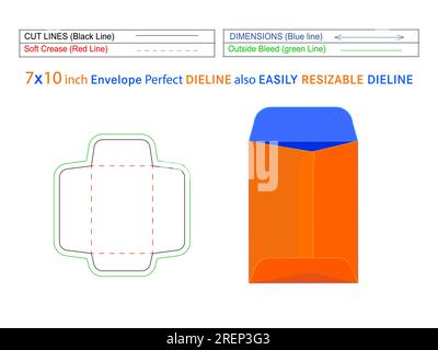 Richtlinien für offene Kuverts im Format 7 x 10 Zoll oder Katalogumschläge die-Line-Vorlage und 3D-Umschläge können einfach in der Größe bearbeitet werden Stock Vektor