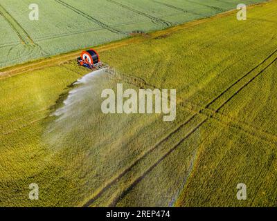 Sprinkler der Wasserstrahlbewässerung auf einem Getreidefeld in Deutschland Stockfoto
