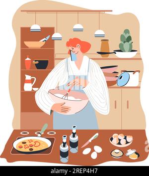 Hausfrau bereitet Frühstück zu Hause, Frau Kochen Stock Vektor