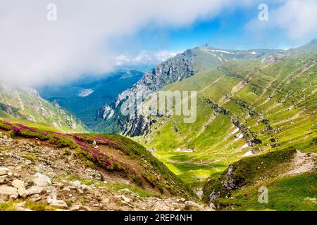 Bergwanderweg von Busteni zum Omu-Gipfel durch das Râul Valea Priponului-Tal (Costila-Gipfel im Hintergrund), das Bucegi-Gebirge, Rumänien Stockfoto