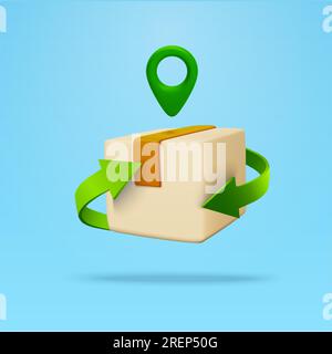 3D Frachtpaket, Kiste mit Stiftsymbol, Kartenmarkierung, grüne Zykluspfeile, isoliert im Hintergrund. Symbol für Lieferung, Einkauf, Logistik, Post und Umweltgeschäft. 3D-Vektordarstellung. Vektordarstellung Stock Vektor