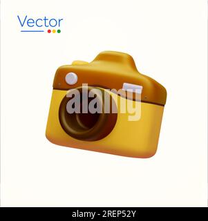 3D-MP-Kamera in Gelb und Braun, minimalistisches Design, isoliert auf weißem Hintergrund. Fotografen-Symbol. Bild- und Filmkonzept. 3D-Vektordarstellung. Vektordarstellung Stock Vektor