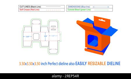 Quadratische Box mit hängendem Fenster 3.50 x 3.50 x 3.50 Zoll mobiles Ladegerät mit Schnappverschluss, Dieline-Vorlage und 3D-Box Stock Vektor