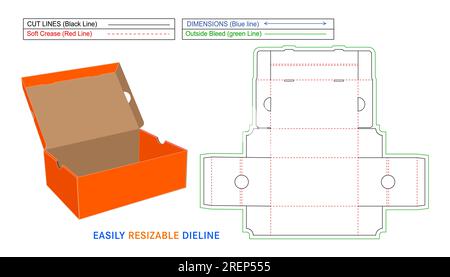 Schuhkarton ohne Klebstoff Schuhkarton, einfach und perfekt faltbare Box die-Line-Schablone und 3D-Box Stock Vektor