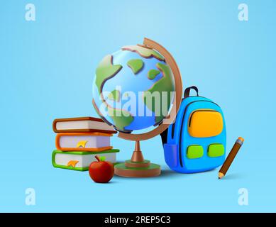 3D Stapel Bücher mit Erdkugel, Apfel, Rucksack, isoliert auf Hintergrund. Konzept für Geografie, Wissenschaft, Studium, Universität, Highschool, Kursbanner. 3D-Vektordarstellung. Vektordarstellung Stock Vektor